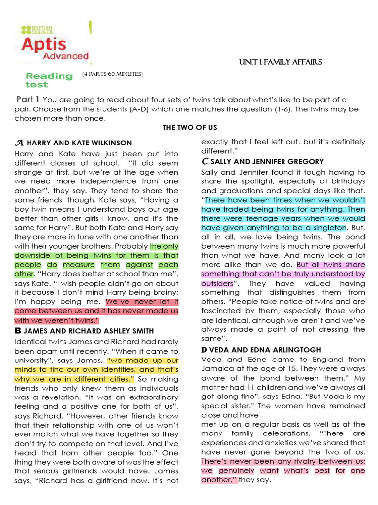Aptis Ad Reading Unit 1 Family Affairs | PDF | Grandparent | Stress ...