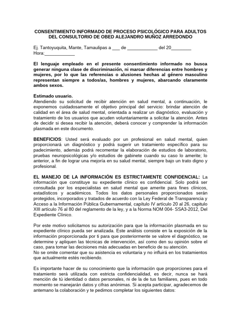 Consentimiento Informado Adultos | PDF | Salud mental | Sicología