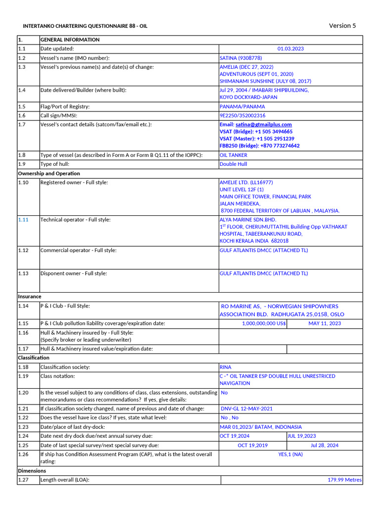Ship Particulars of MT Satina | PDF | Tonnage | Ships