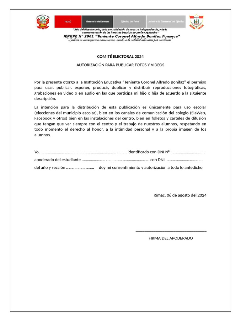 Autorización para Publicar Imágenes Escolares | PDF