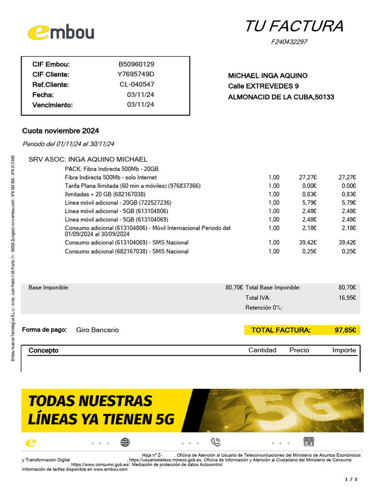 Factura Embou Noviembre 2024 | PDF | Medios de comunicación en masa ...