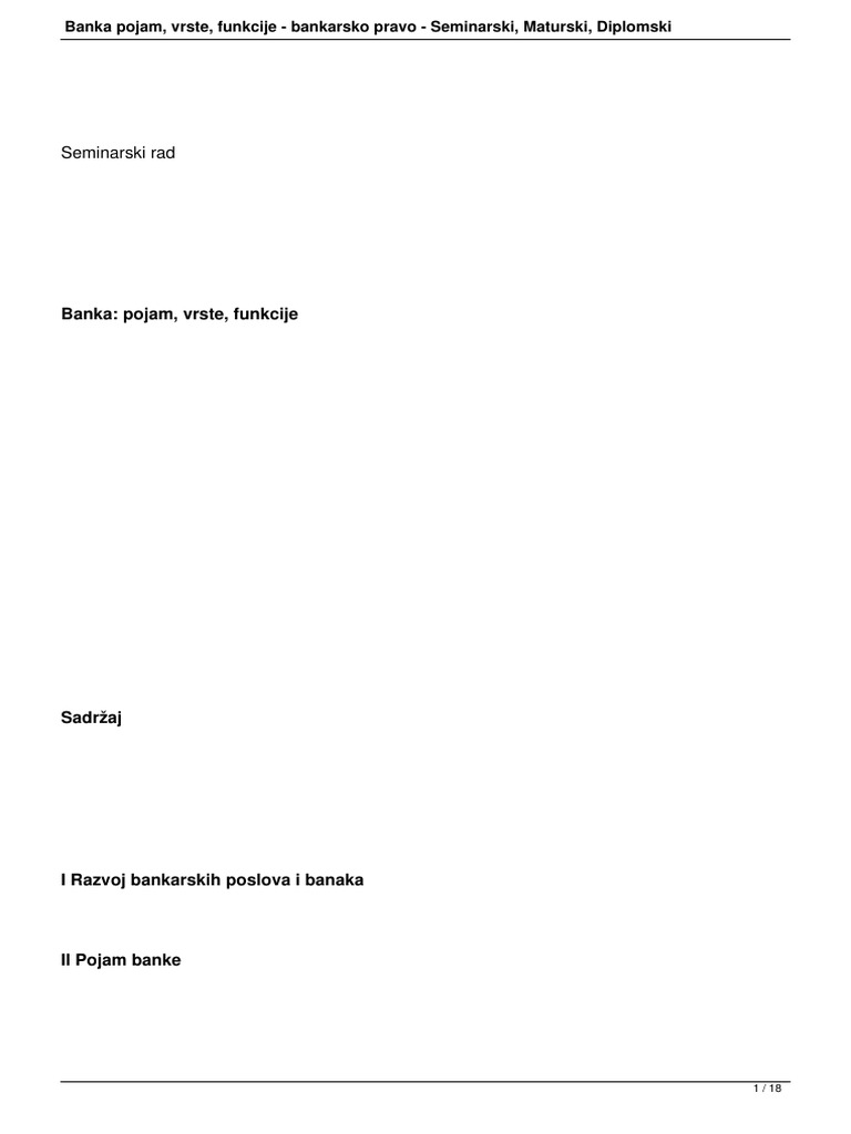 Banka Pojam Vrste Funkcije Bankarsko Pravo | PDF