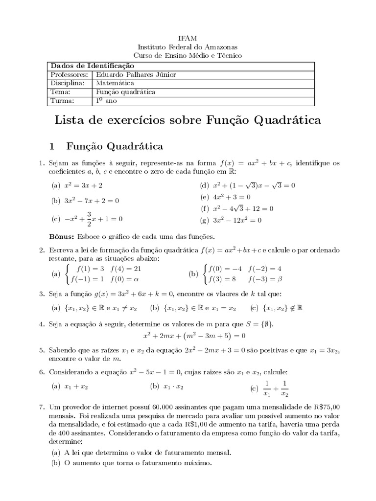 Lista de Exercícios: Função Quadrática | PDF | Equações | Função ...
