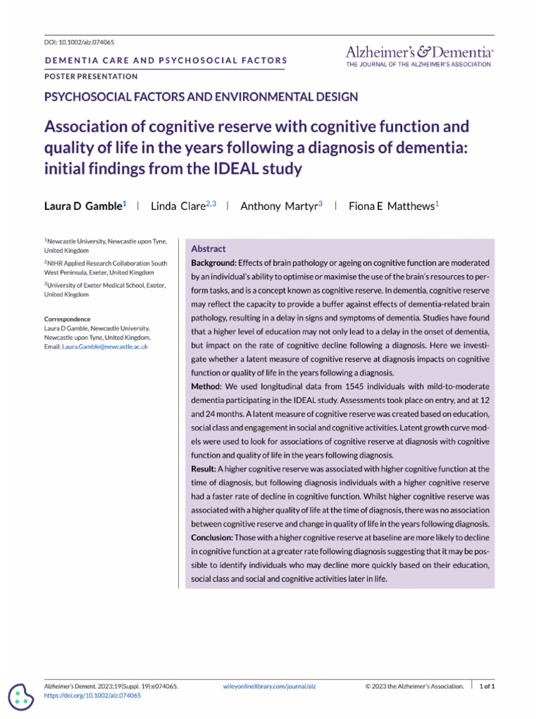 Association of Cognitive Reserve With Cognitive Function and Quality of ...