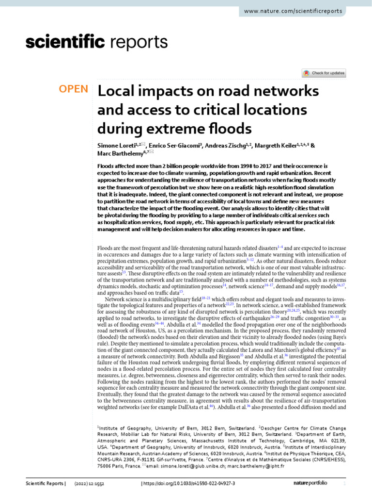 Local Impacts On Road Networks And Access To Critical Locations During