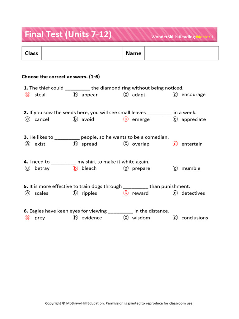 Master 1 - Final Test (Units 7-12) - Answer Key | PDF | Fur | Fable