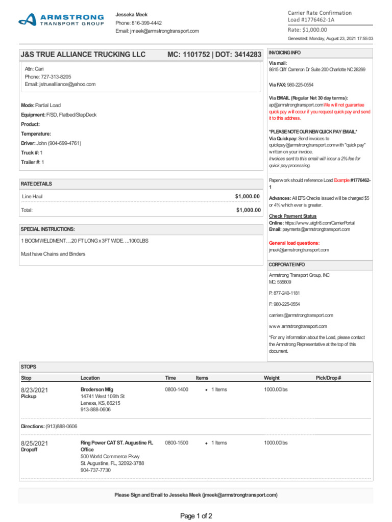 RateConfirmation - 1776462-1 | PDF | Cargo