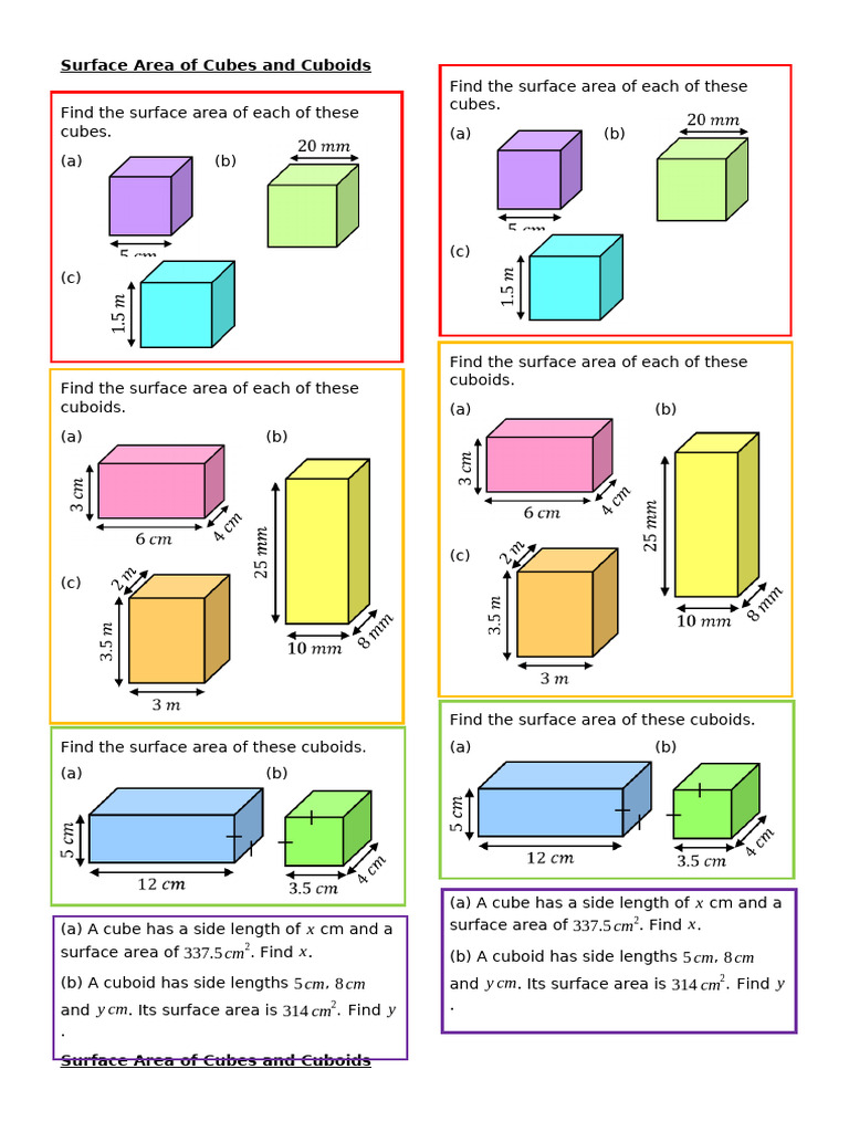 Surface Area of Cubes and Cuboids Practice Strips | PDF