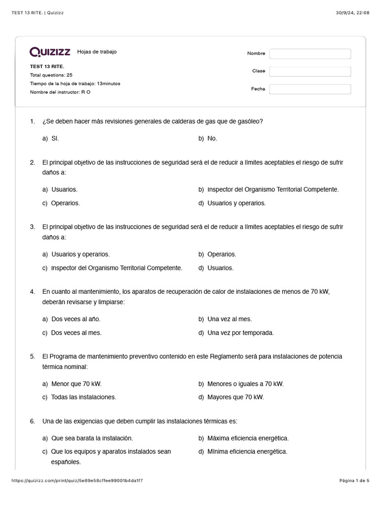 Test RITE: Mantenimiento Térmico | PDF | Uso eficiente de energía