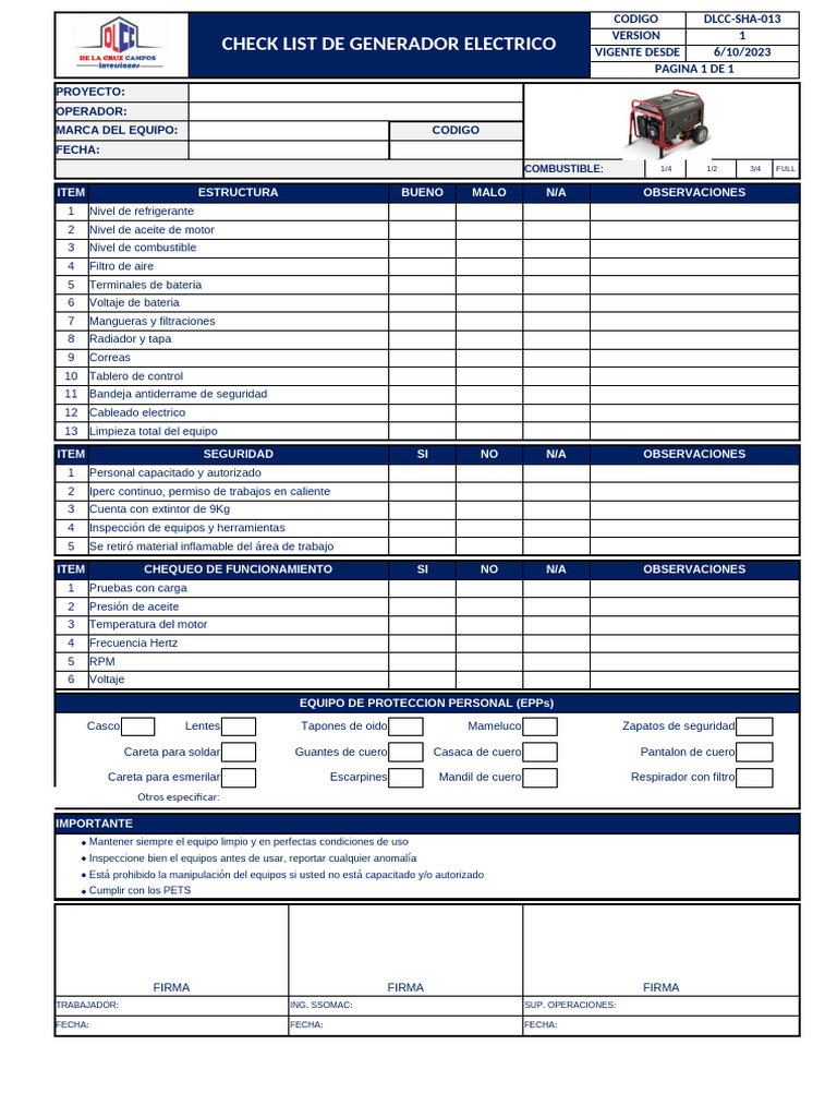 Check List para Generador Eléctrico | PDF