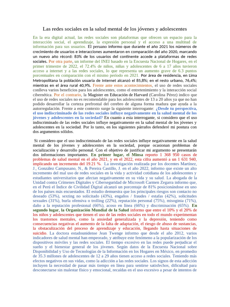 Las Redes Sociales en La Salud Mental de Los Jóvenes y Adolescente1 ...
