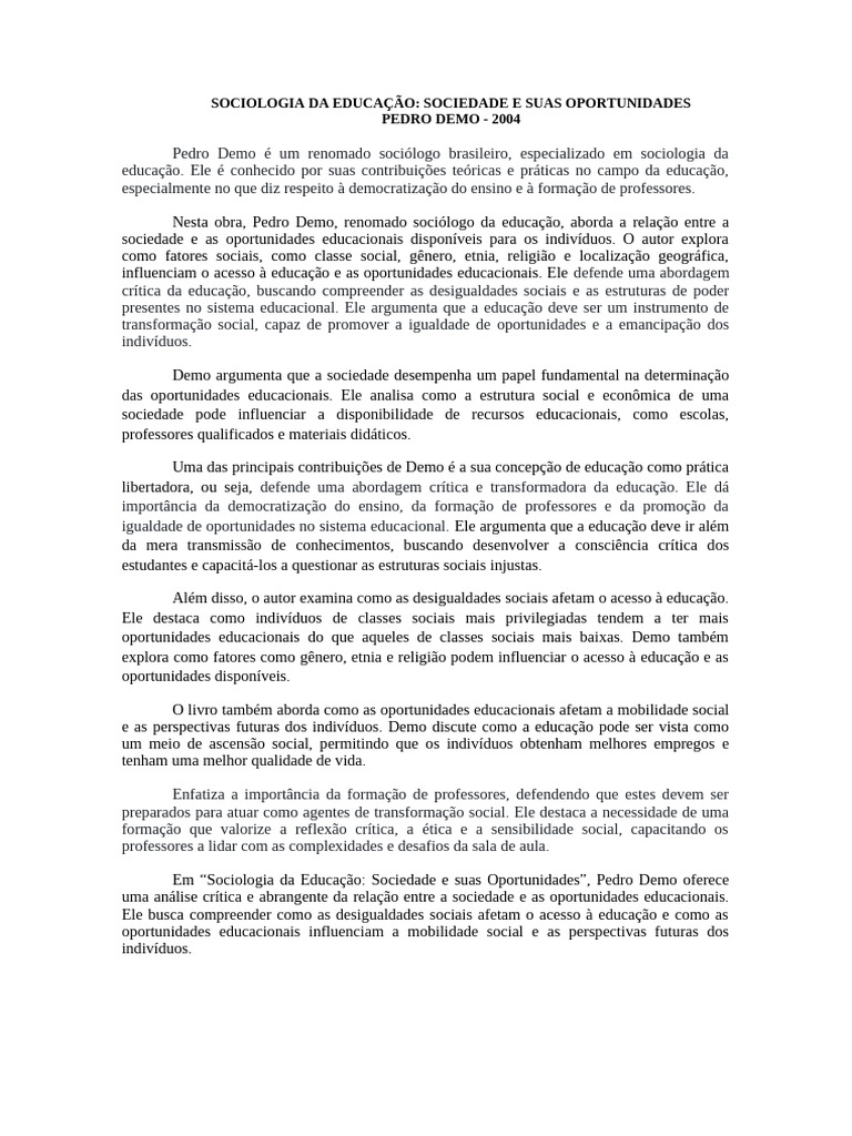 Sociologia da Educação e Oportunidades | PDF | Sociologia | Sociedade