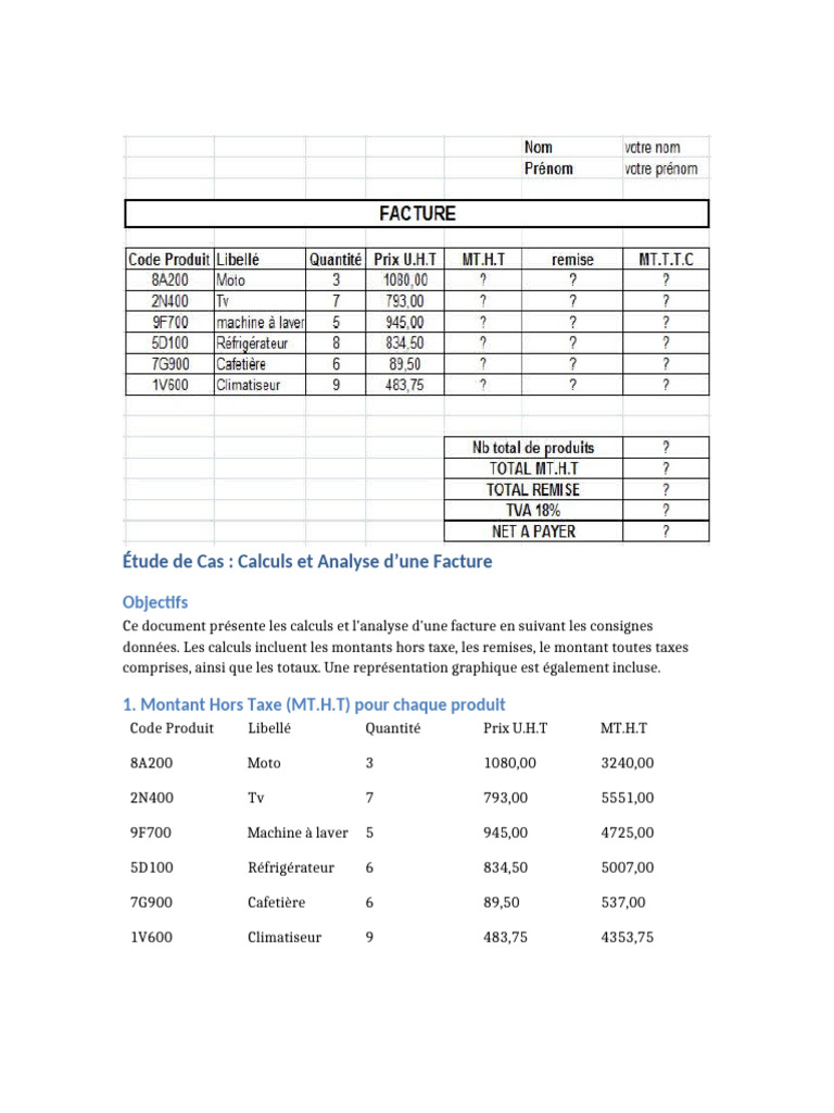 Analyse et Calculs d'une Facture | PDF | Facture | Taxe sur la valeur ...