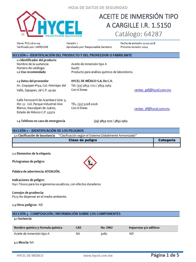 Hoja de Seguridad Aceite Inmersión A | PDF | Agua | Residuos