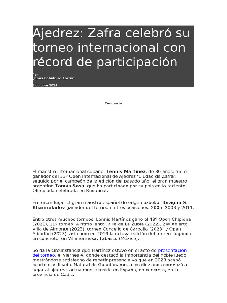Torneo Internacional de Ajedrez en Zafra | PDF | Ajedrez | Teoría del ...
