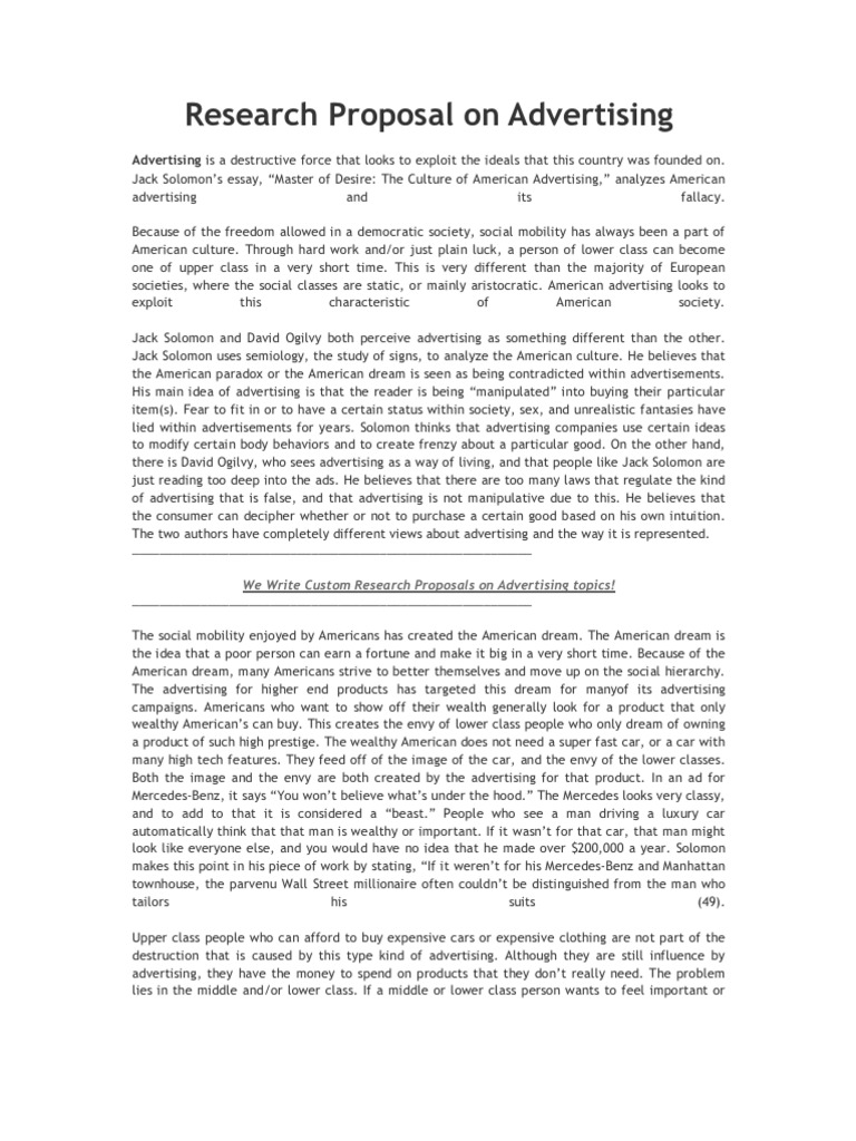 Research Proposal on Advertising | Billboard | American Dream