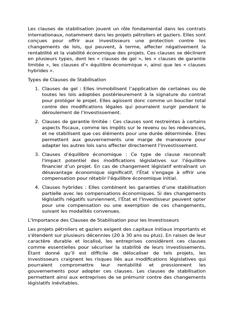 Clauses de stabilisation : enjeux et impacts | PDF | Développement ...