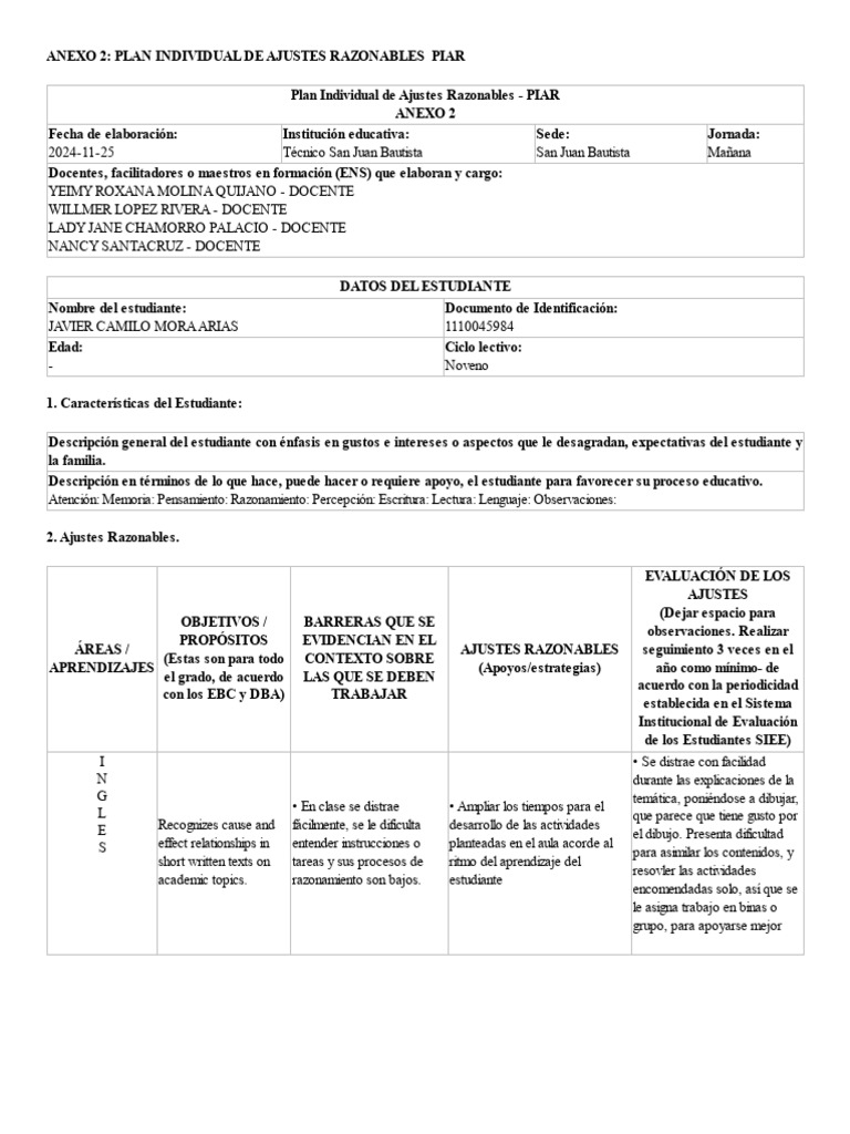 Plan de Ajustes Razonables para Estudiante | PDF | Evaluación | Salón ...