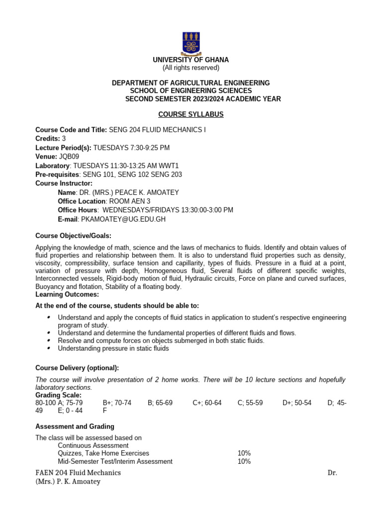 Course Syllabus - Seng 204 Fluid Mech I 2023 24 | PDF | Buoyancy | Physics