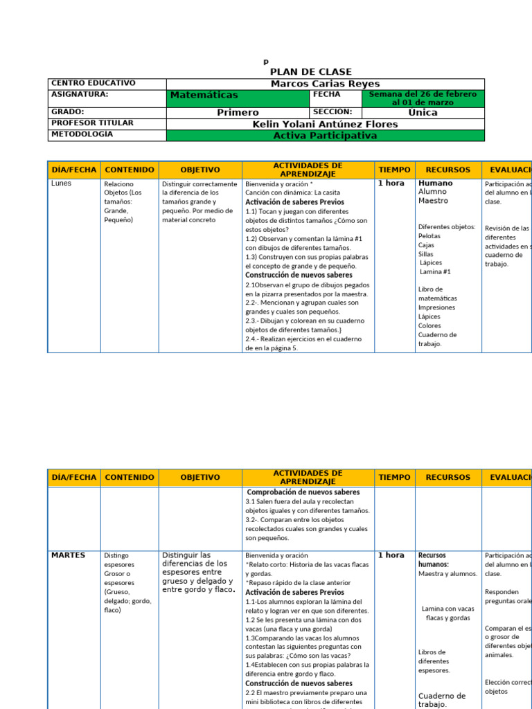 Plan de Clase de Matemáticas para Primer Grado | PDF | Color | Salón de ...