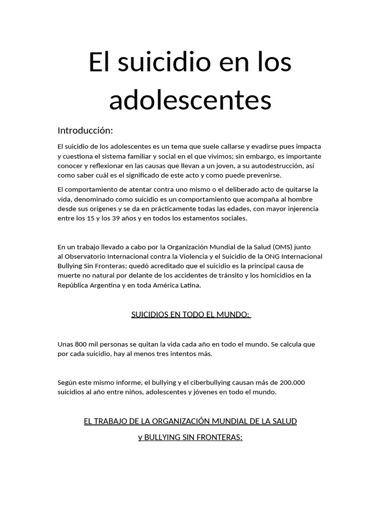 El Suicidio en Los Adolescentes | PDF | Suicidio | Trastorno depresivo ...