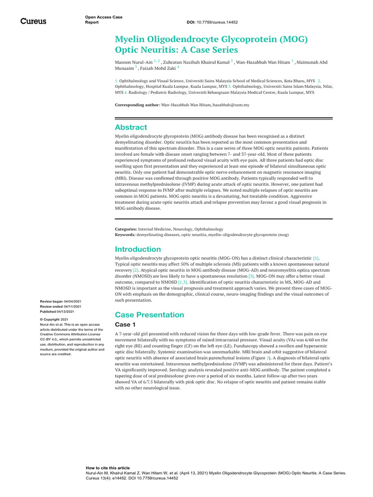 Narul Ain M Et Al. Myelin Oligodendrocyte Glycoprotein (MOG) Optic ...