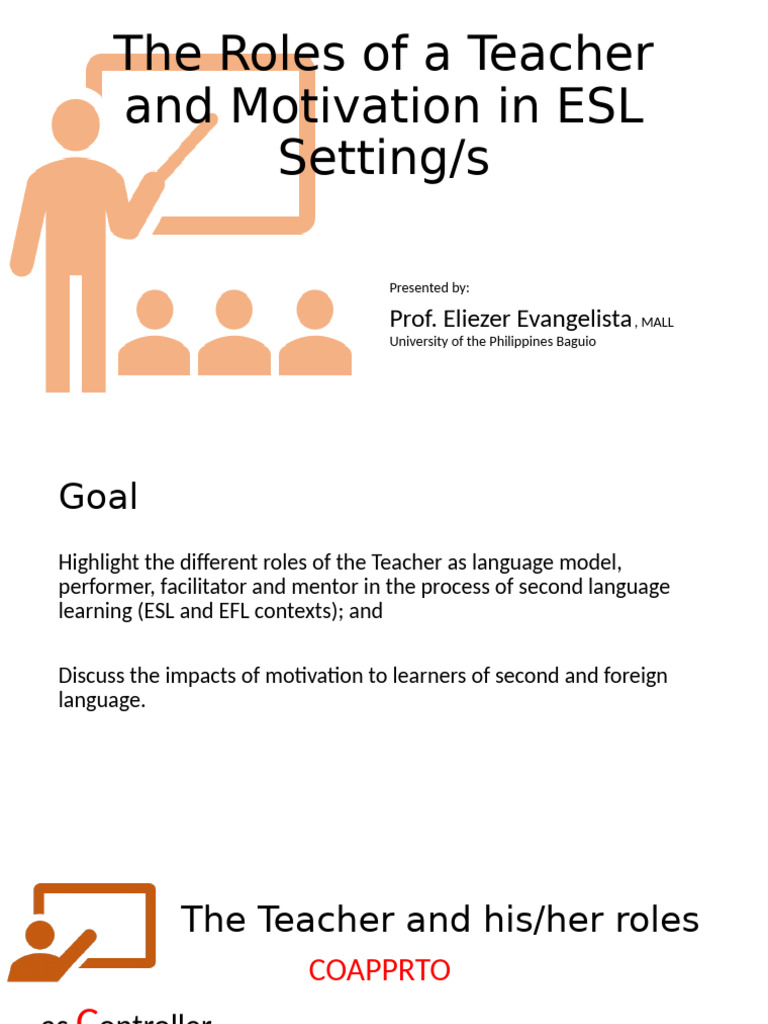 Roles Of A Teacher In Esl And Motivation Pdf English As A Second Or