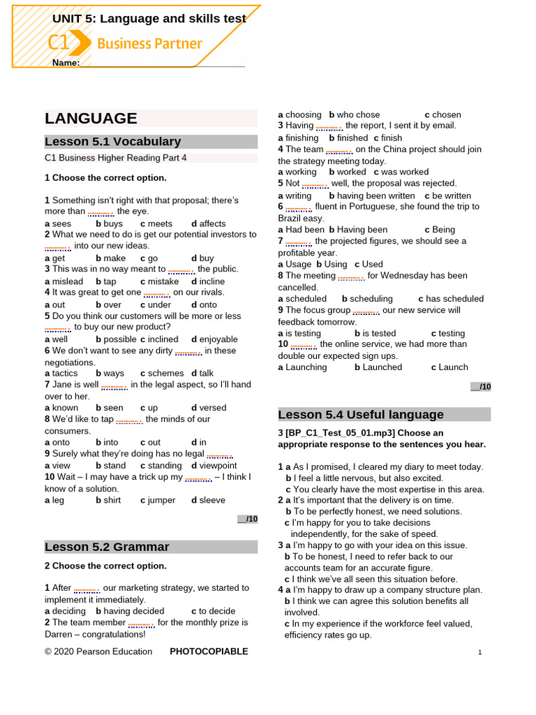 B2 Business Partner Unit 5 Test | PDF