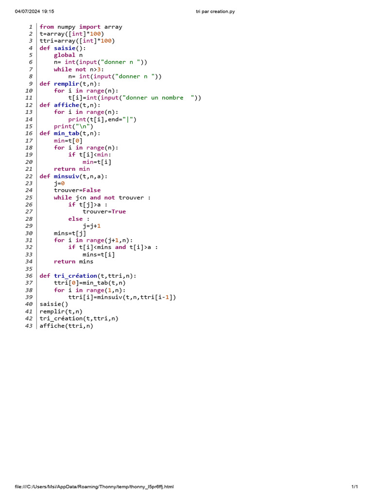 Tri par création en Python | PDF