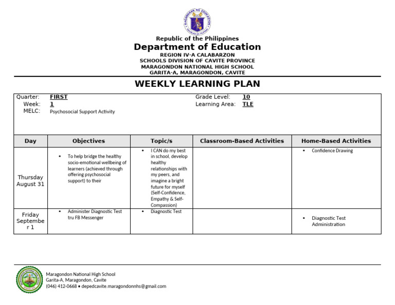 Grade 10 TLE Weekly Learning Plan | PDF