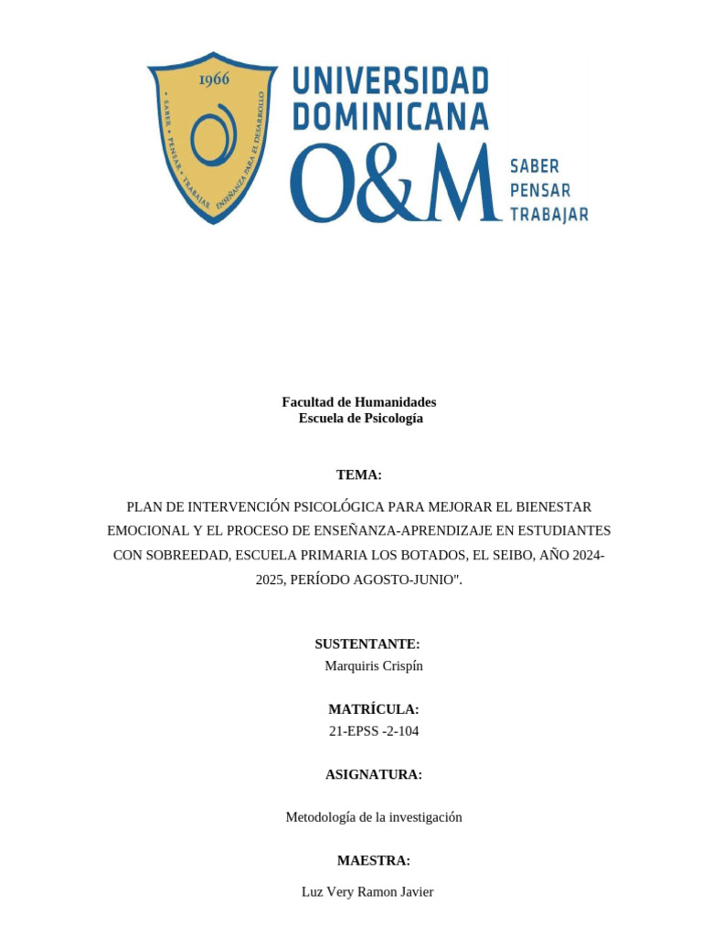 Plan de Intervención Psicológica Escolar | PDF | Conceptos psicologicos ...