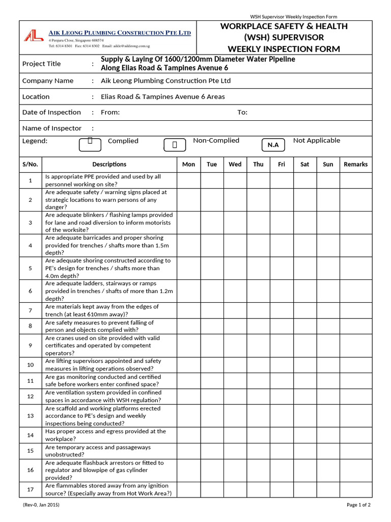 WSHSup InspectionForm ETPL | PDF | Occupational Safety And Health | Safety
