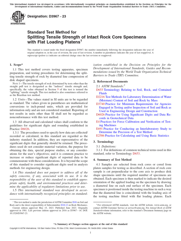 Splitting Tensile Strength of Intact Rock Core Specimens With Flat ...
