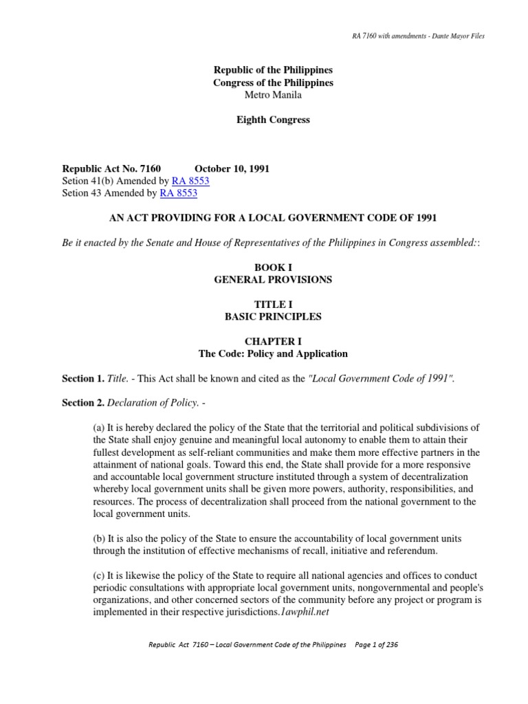 RA 7160 The Local Government Code of 1991 PDF Local Government