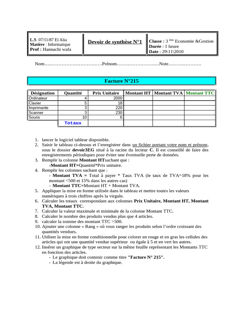 Devoir Synthèse Informatique 3EG | PDF
