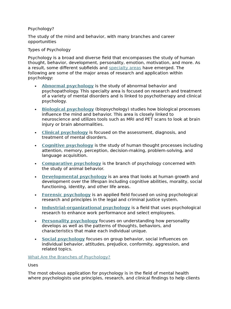 Overview of Psychology Branches | PDF | Psychology | Behavioral ...