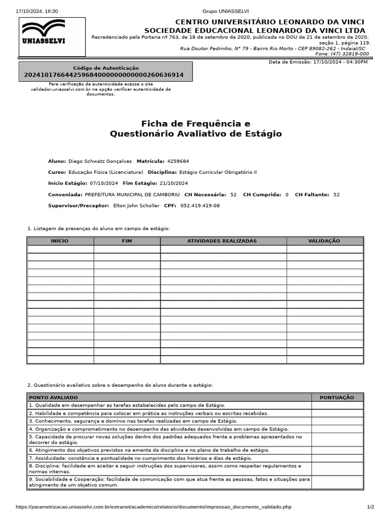 Ficha de Estágio: Avaliação e Frequência | PDF
