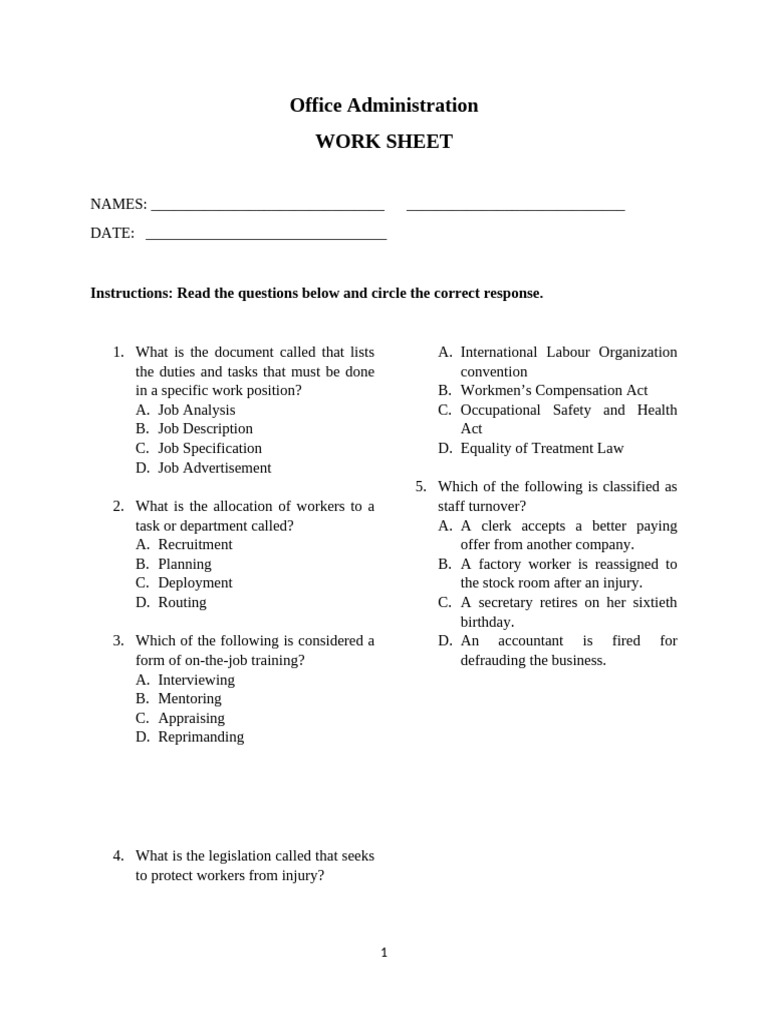 Work Sheet Pdf Labor Business Ethics