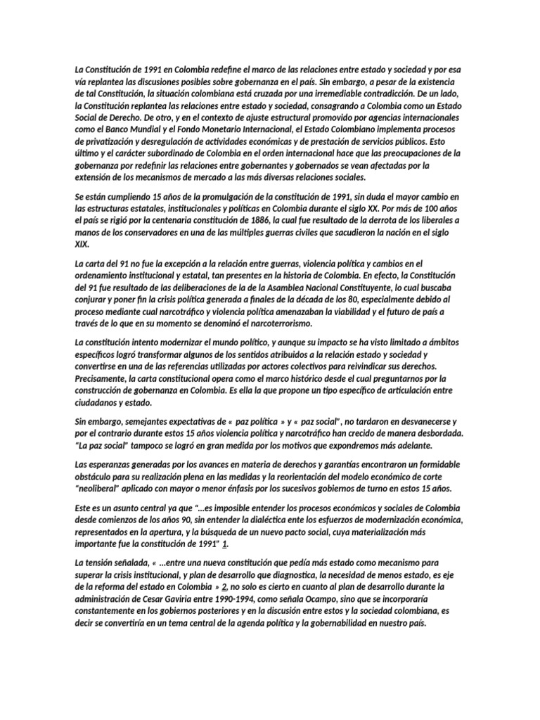 Gobernanza y Constitución de 1991 en Colombia | PDF | Estado (política ...