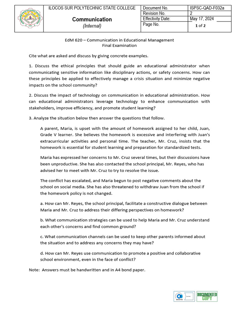 Educational Communication Strategies Exam | PDF | Homework | Communication