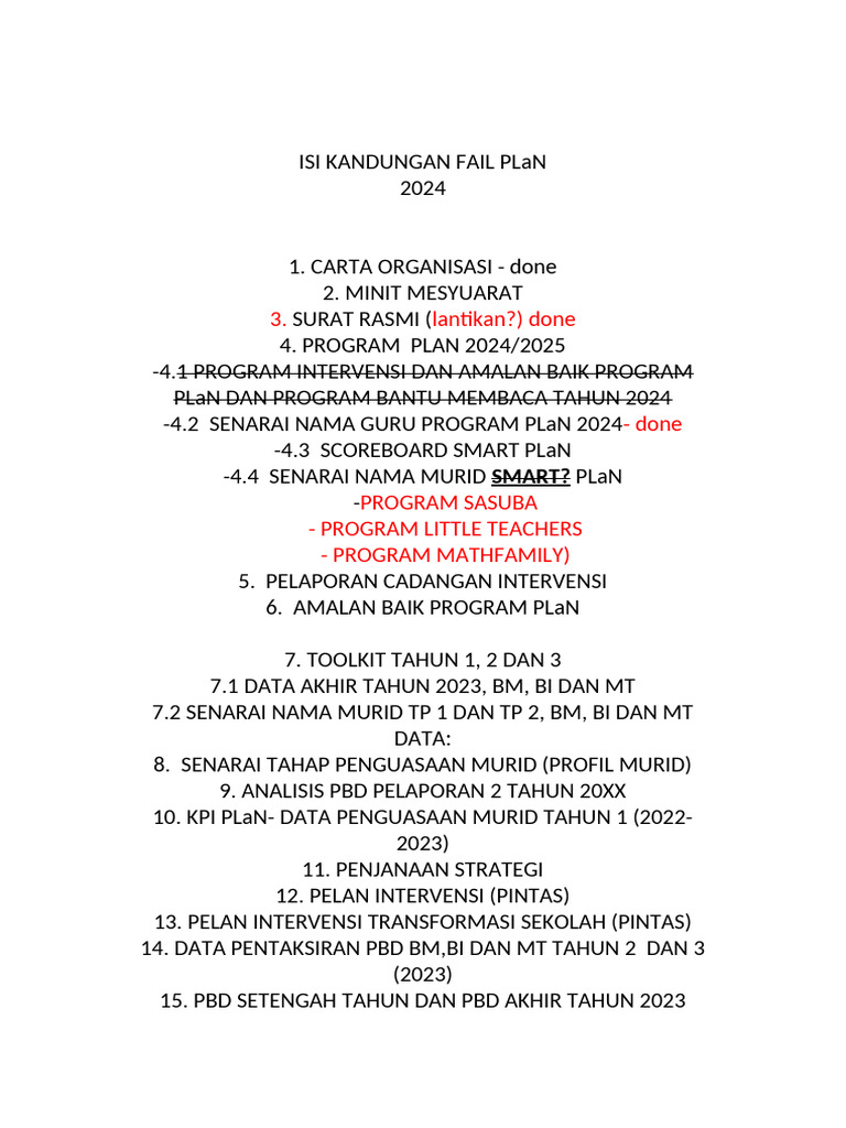 Isi Kandungan Fail Plan 2024 | PDF