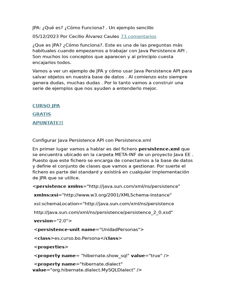Introducción a JPA: Ejemplo y Configuración | PDF | Java (lenguaje de ...