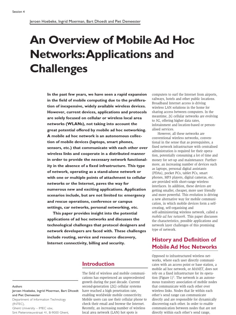An Overview of Mobile Ad Hoc Networks: Applications and Challenges | PDF