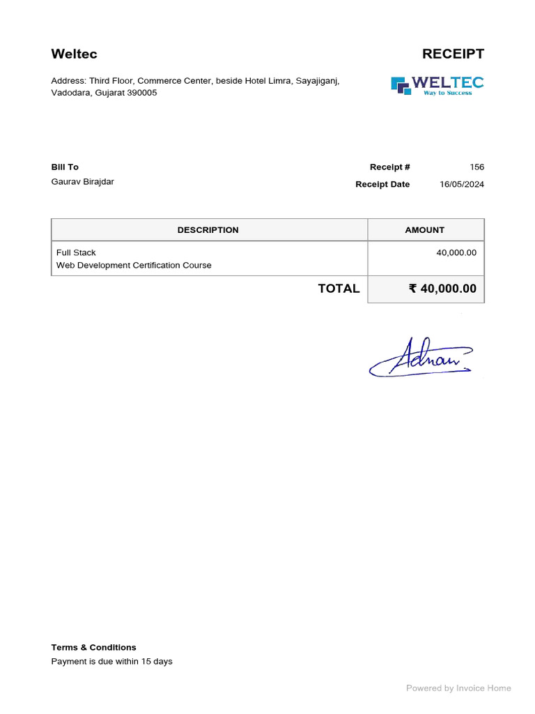 Full Stack Web Development Receipt | PDF