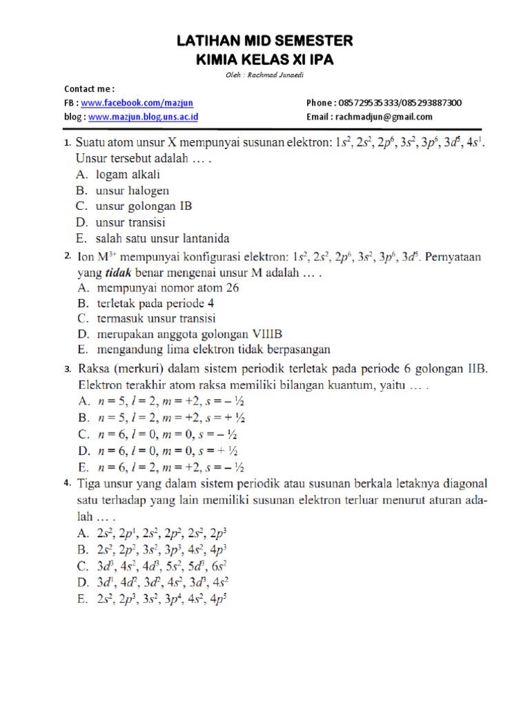 Soal Kimia Mid Semester 1 Kelas Xi Ipa