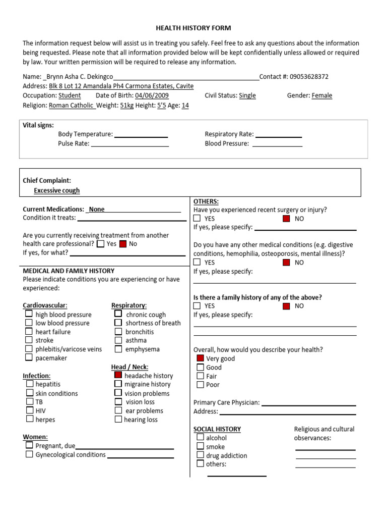Health History Form | PDF | Cough | Blood Pressure