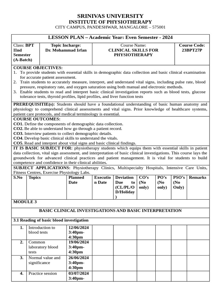 Clinical Skills Lesson Plan for BPT | PDF | Physical Therapy | Health Care