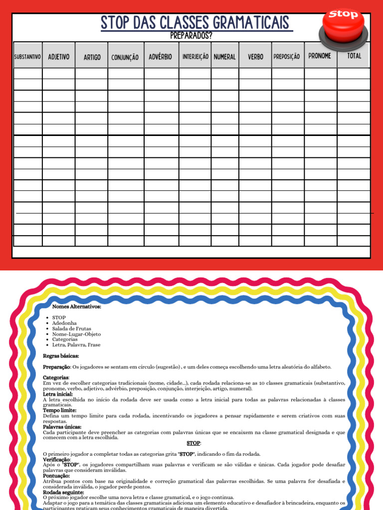Jogo STOP das Classes Gramaticais | PDF