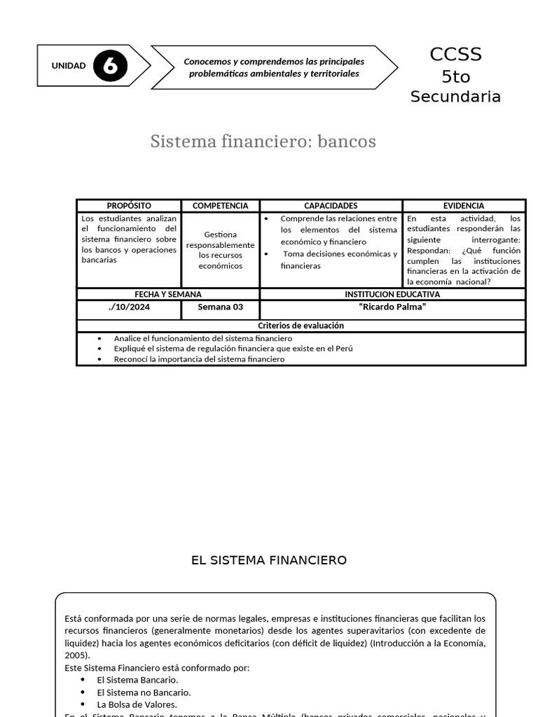 Vi Ficha Actividad CCSS 5°-Semana 3 | PDF | Bancos | Sistema financiero