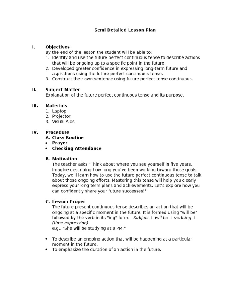 Semi Detailed Lesson Plan | PDF | Grammatical Tense | Lesson Plan